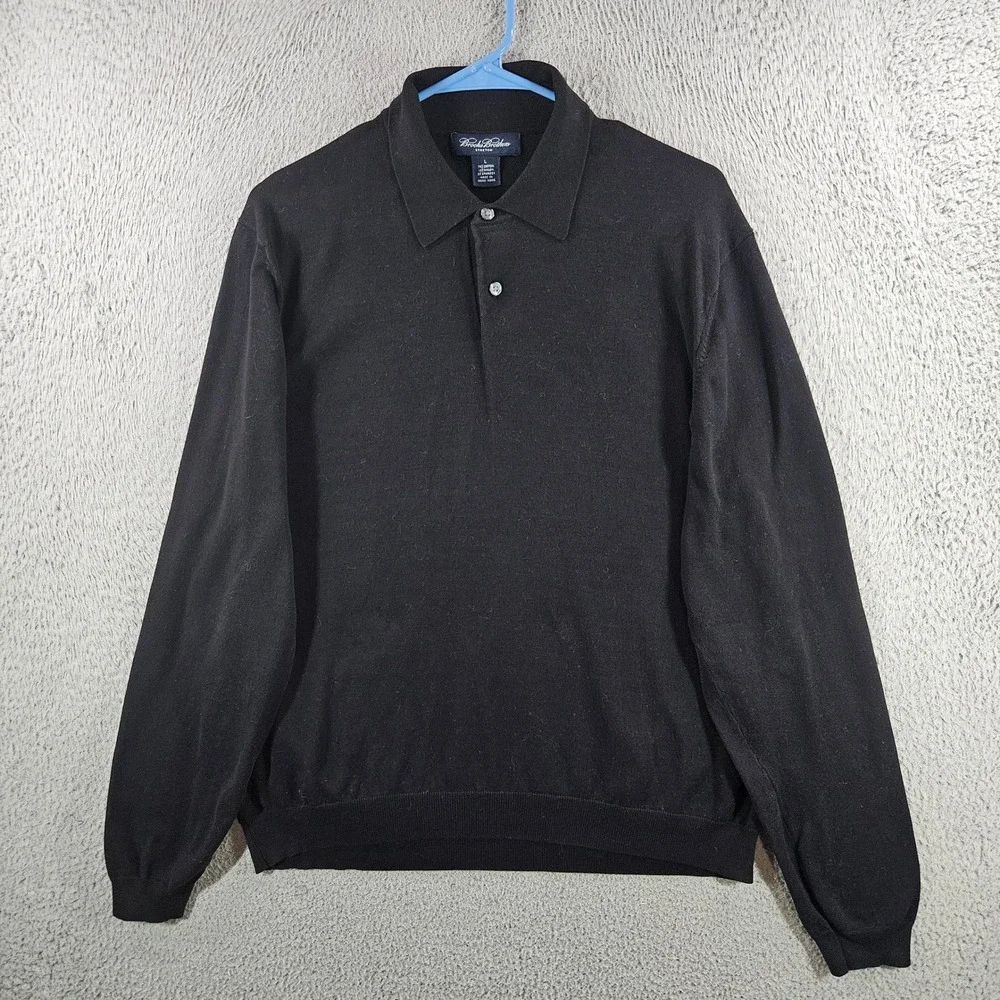 Brooks Brothers Stretch Mens Large Black‎ Long Sleeve Polo Sweater Cotton Blend